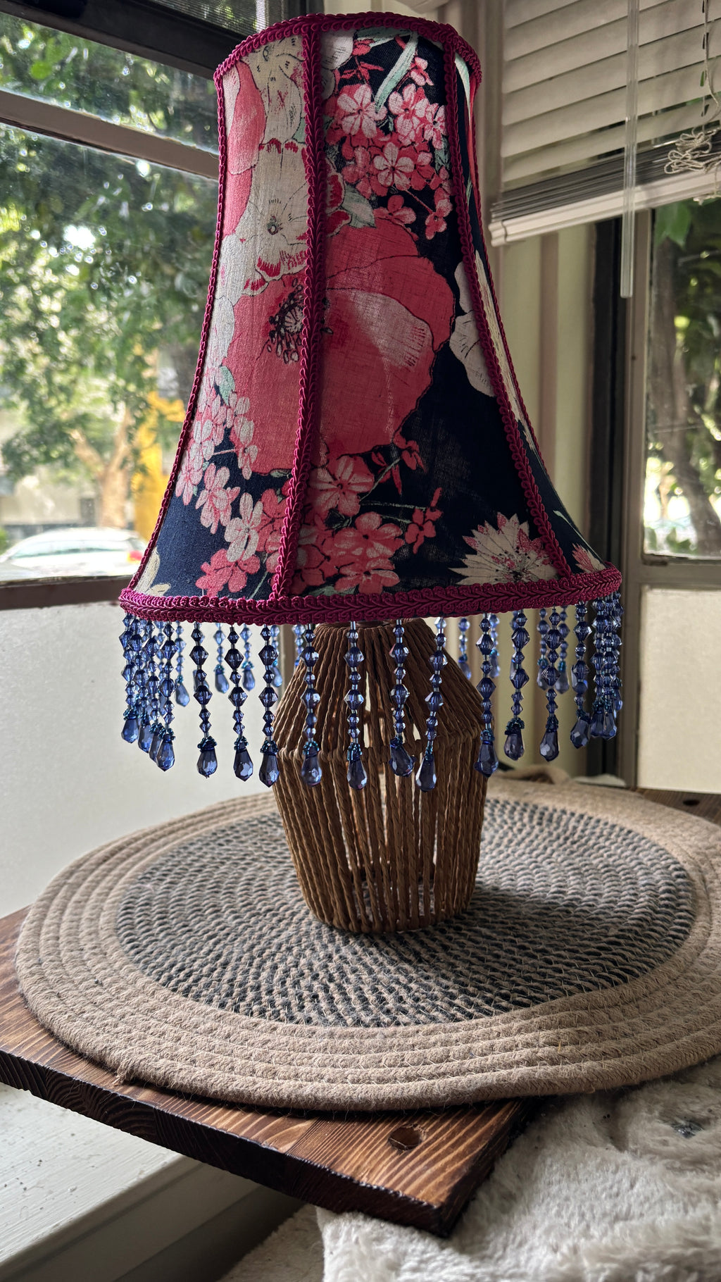 Gorgeous pink floral & navy beaded lampshade