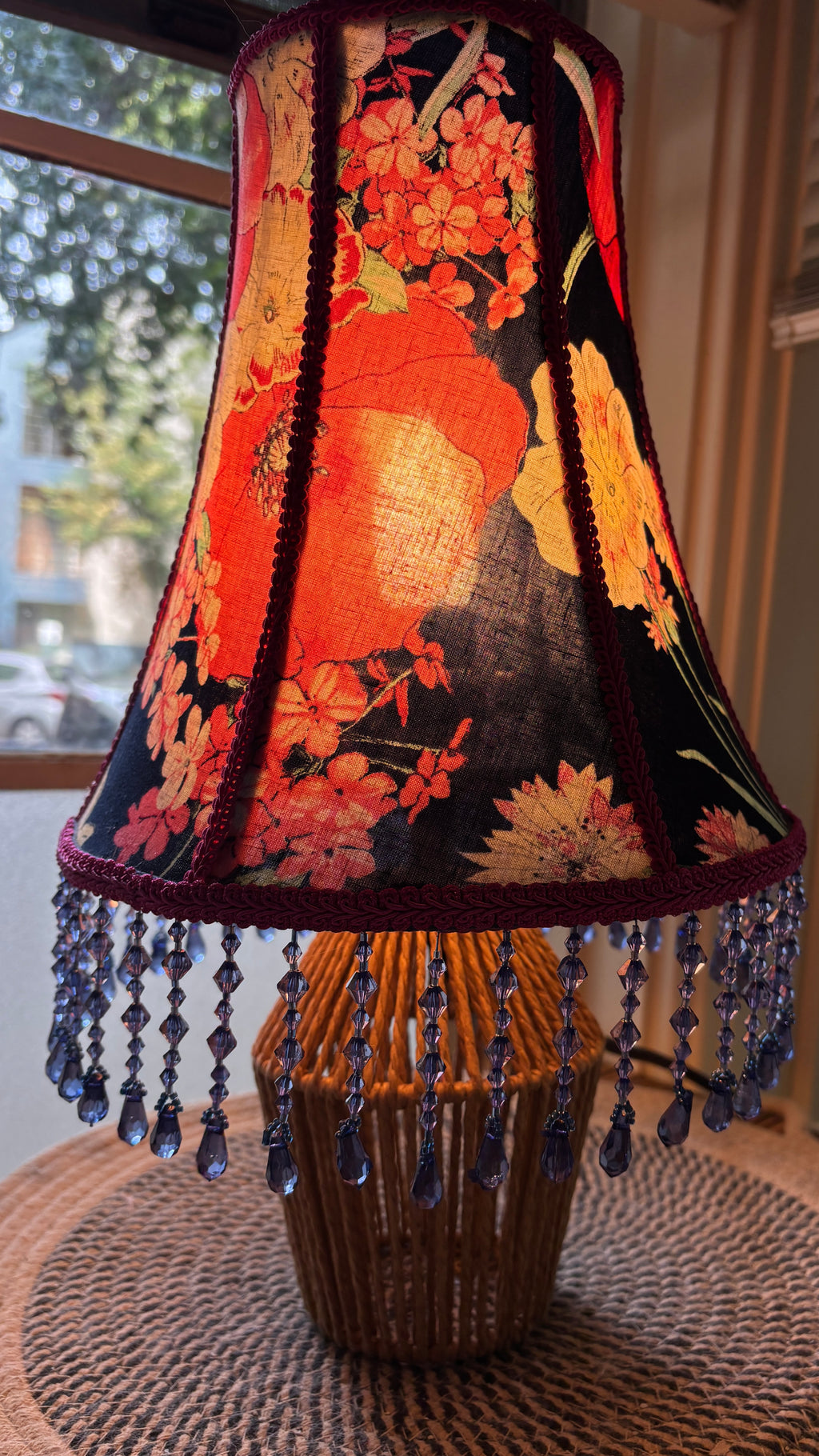Gorgeous pink floral & navy beaded lampshade