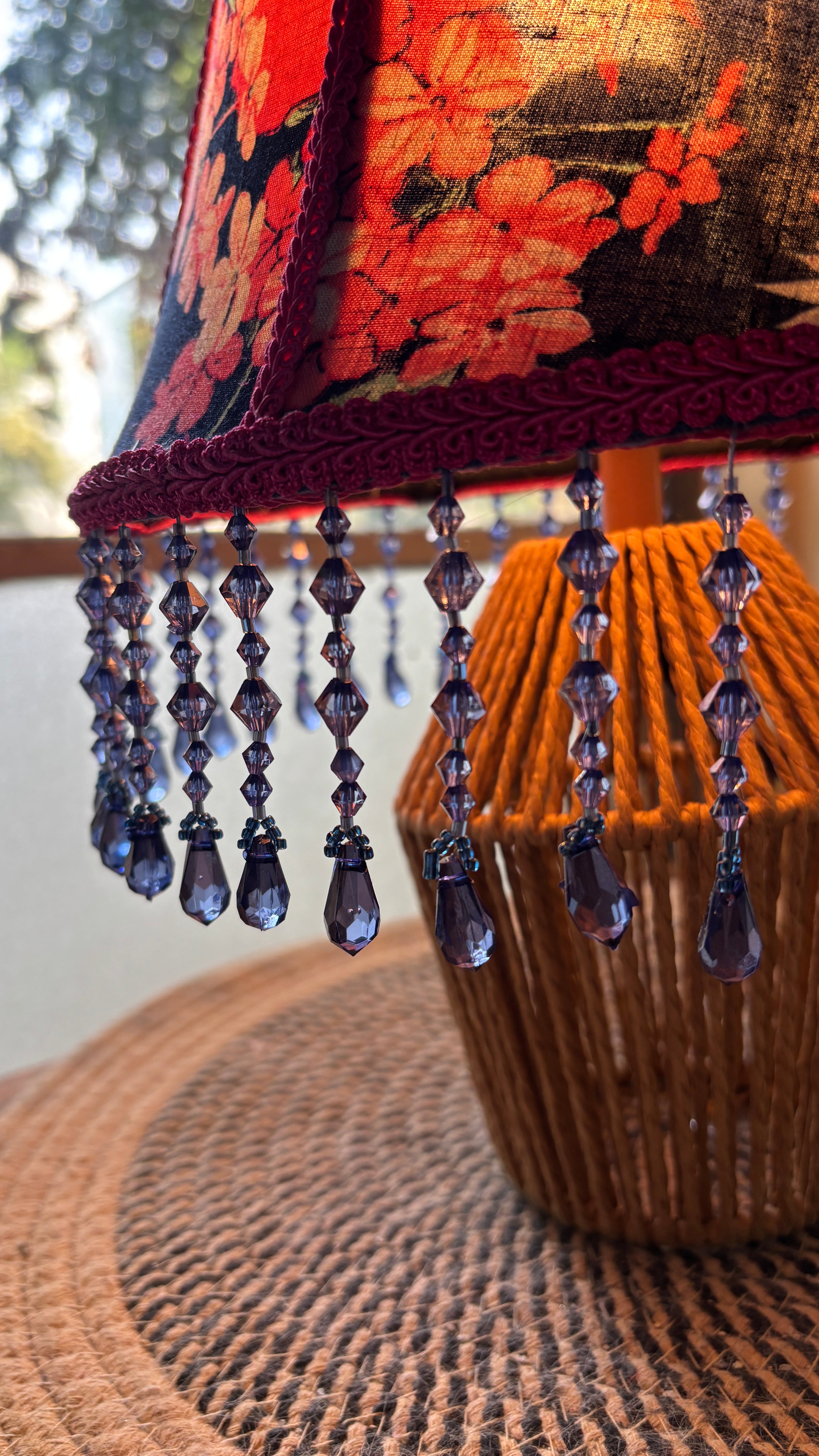 Gorgeous pink floral & navy beaded lampshade