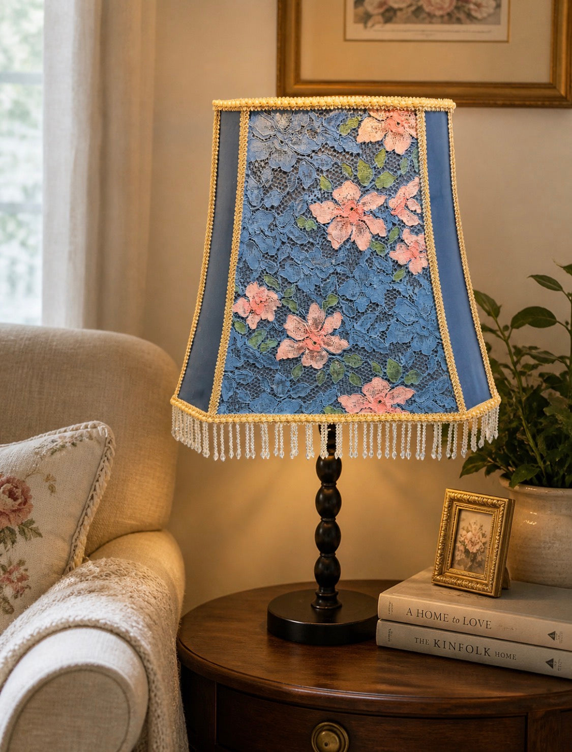 Gorgeous blue and flowered lace lampshade