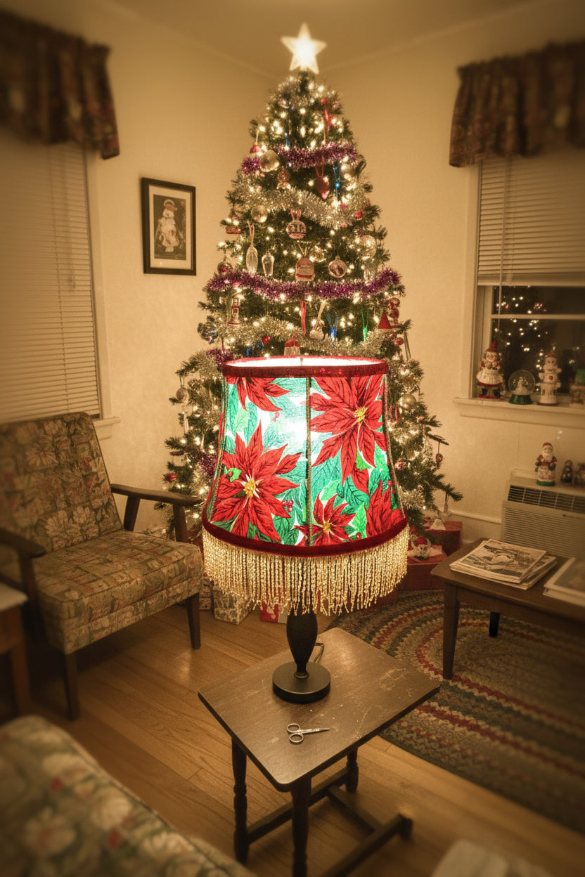 Kitsch Holiday Lampshade – Red Velvet Trim & Beaded Fringe