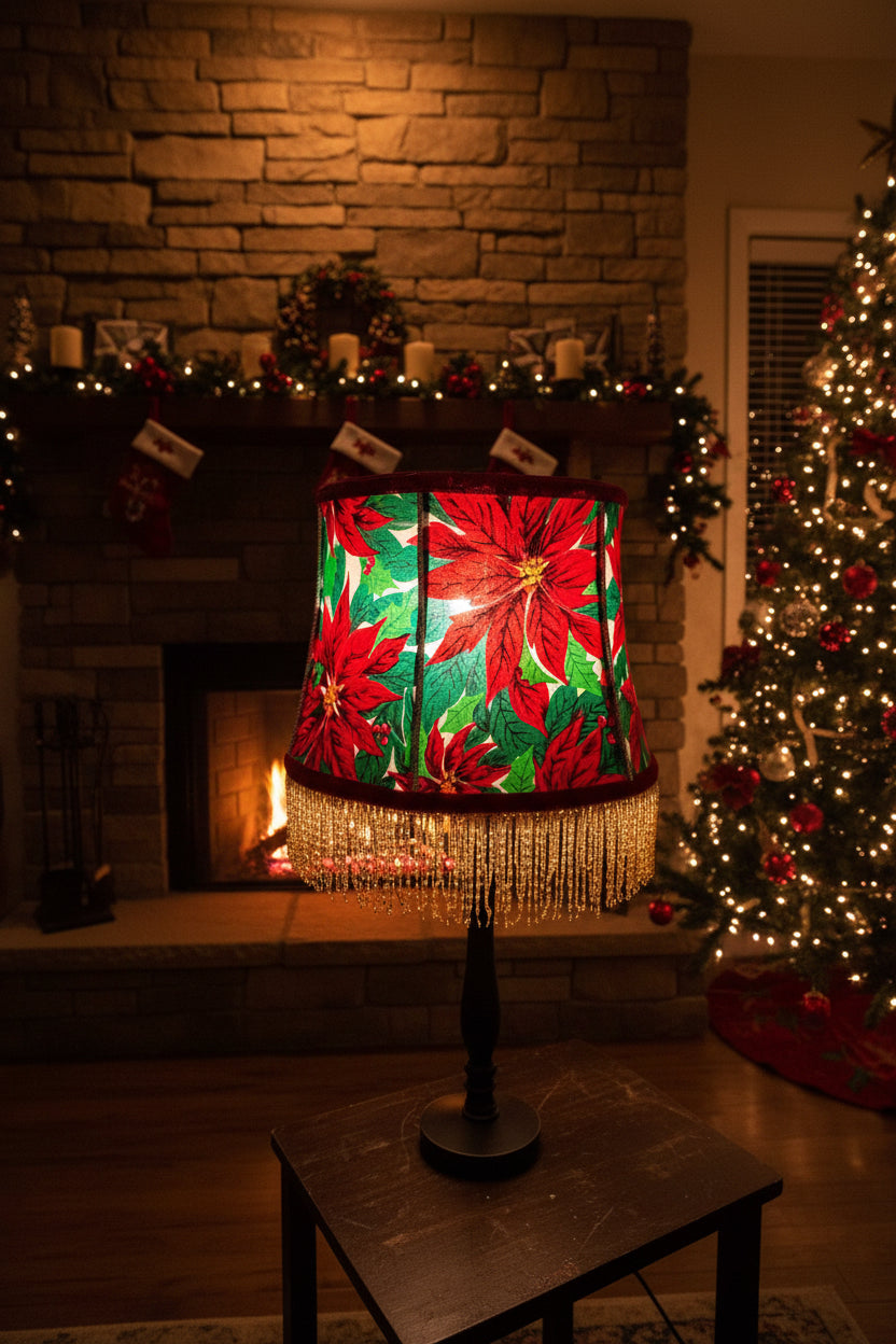 Kitsch Holiday Lampshade – Red Velvet Trim & Beaded Fringe