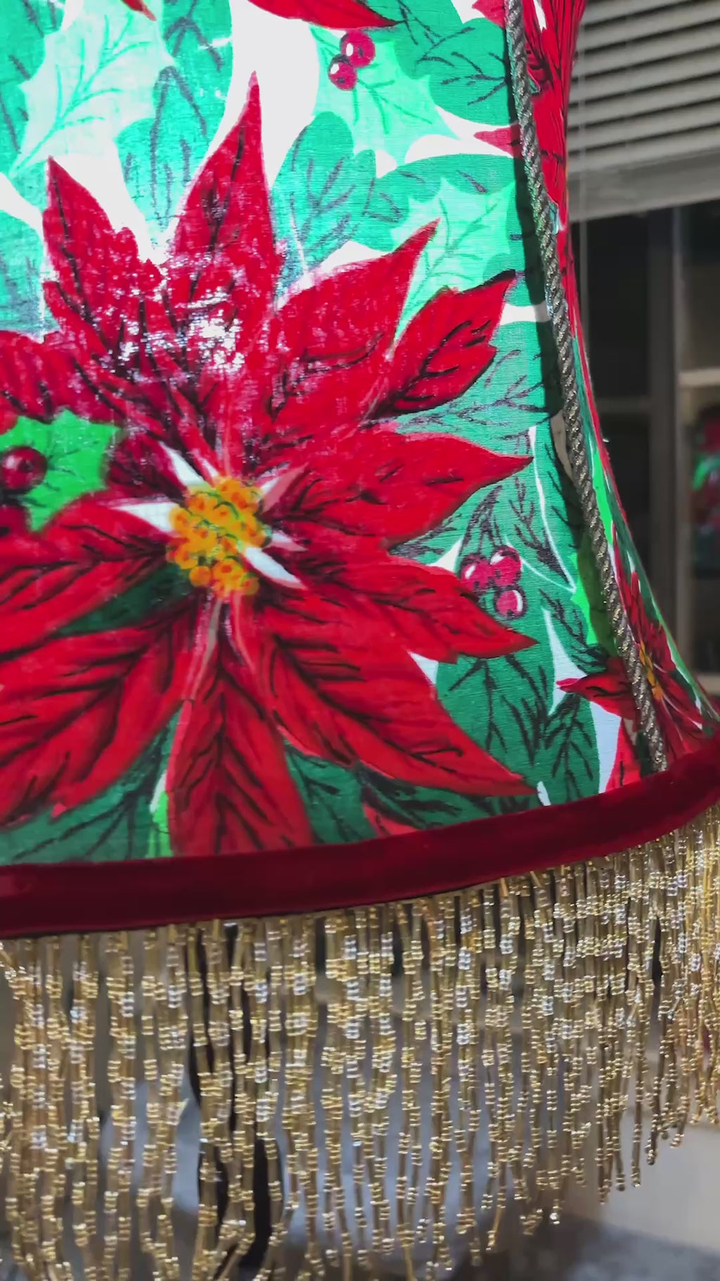 Kitsch Holiday Lampshade – Red Velvet Trim & Beaded Fringe